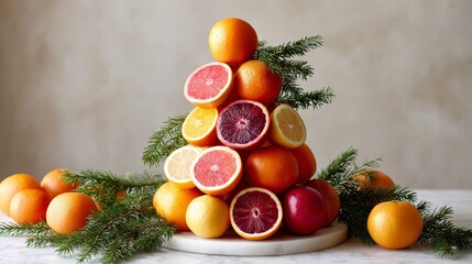 Colorful pyramid of fresh citrus fruits with greenery on marble surface