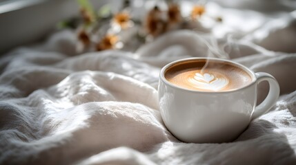 Cozy morning with warm coffee and delicate floral accents in natural light