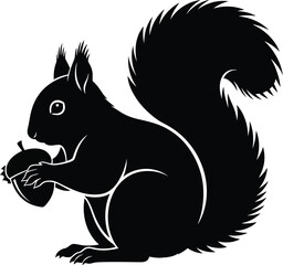 Black squirrel holding acorn detailed silhouette with fluffy tail for nature and wildlife projects isolated on transparent background