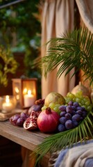 Rustic autumn harvest display with pomegranates, grapes, and candles on wooden table
