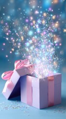 Magical sparkling burst from open gift box with pink ribbon on blue background