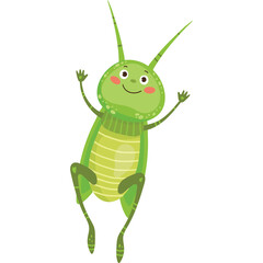 Green Cartoon Grasshopper Character With Big Eyes And Antennae Jumping Joyfully With A Wide Smile And Rosy Cheeks Against A Transparent Background