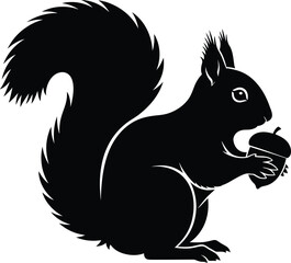 Black silhouette squirrel holding an acorn iconic woodland creature wildlife art isolated on transparent background