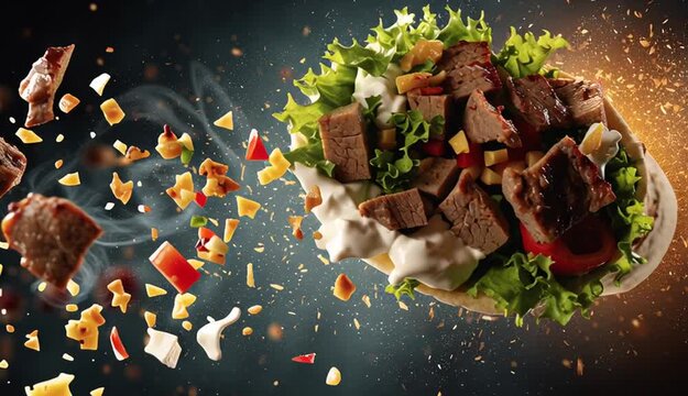 fresh grilled beef turkish or chicken arabic shawarma doner sandwich with flying ingredients and spices hot