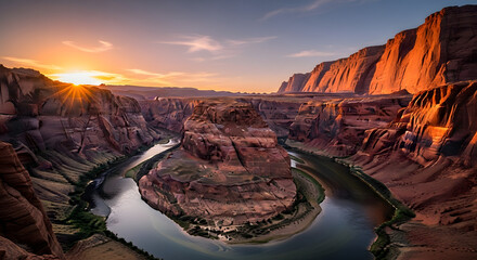 Sunset over the bend of the river, creating a mesmerizing vista in the canyon