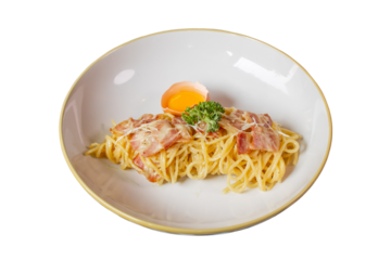 Delicious pasta dish, with egg and bacon, ready to serve