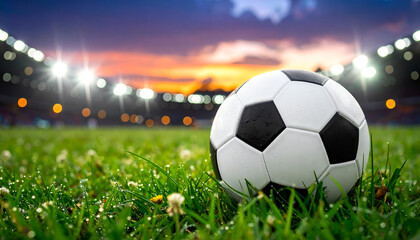 Fototapeta premium Soccer ball on green grass field with stadium lights and sunset sky