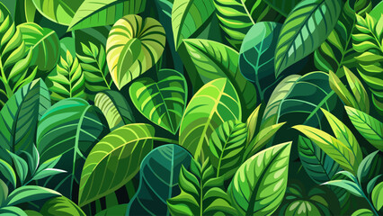 A seamless texture of dense forest leaves in multiple shades of green, soft sunlight filtering through, forming a vibrant, refreshing, and natural background, detailed vector illustration