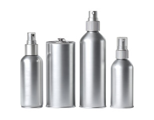 Modern sleek metallic spray bottles and canister collection ready for product branding and packaging mockups