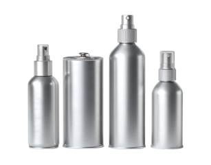 Modern sleek metallic spray bottles and canister collection ready for product branding and packaging mockups