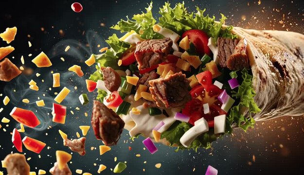 fresh grilled beef turkish or chicken arabic shawarma doner sandwich with flying ingredients and spices hot