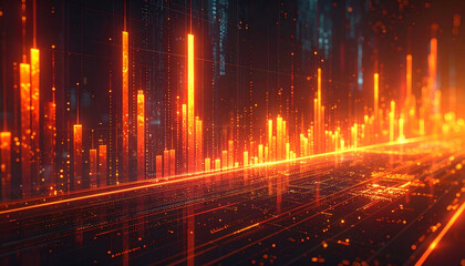 Abstract Digital Data Visualization with Glowing Lines and Bar Graphs