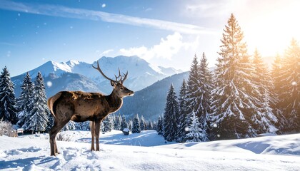 A red deer stands majestically in deep snow, framed by pine trees and distant snow-capped mountains, under bright sunlight