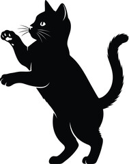 Playful black cat silhouette standing on hind legs with raised paws and curled tail graphic isolated on transparent background