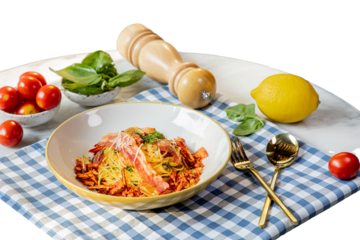 Delicious Pasta dish with fresh ingredients artfully arranged on a checkered tablecloth. The arrangement evokes a sense of home cooking and fresh ingredients