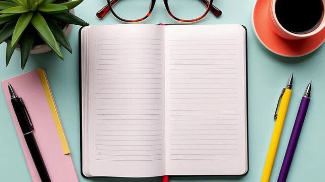 Flat lay workspace with an open notebook, reading glasses, coffee, succulent plant, and colorful pens on a light blue background