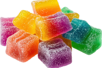 Colorful fruit jelly candies isolated on transparent background. Cannabis CBD-infused rainbow gummy candy edibles isolated on white background.