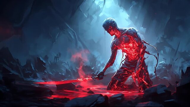 Mystical Cave Ritual - A Figure Bathed in Red Light.