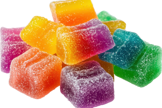 Colorful fruit jelly candies isolated on transparent background. Cannabis CBD-infused rainbow gummy candy edibles isolated on white background.