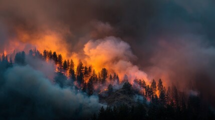 Dramatic Wildfire Burning Through Forest Landscape at Night with Bright Flames and Dark Smoke Clouds Filling the Atmosphere