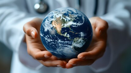 Doctor holding a globe representing global health and care in a healthcare setting