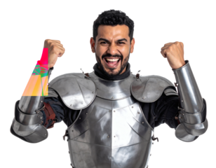 Victorious medieval knight in shining armor pumps fists celebrating epic triumph and success