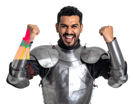 Victorious medieval knight in shining armor pumps fists celebrating epic triumph and success
