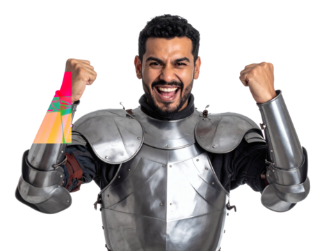 Victorious medieval knight in shining armor pumps fists celebrating epic triumph and success