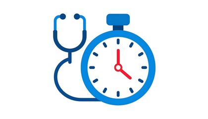 Obraz premium Blue stethoscope and stopwatch icons. Illustration with red hour hand on white. Vector style, clean design