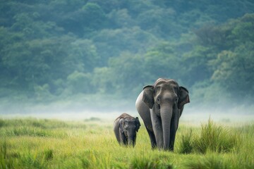 An adult and baby elephant traverse a misty green meadow with a lush mountain forest