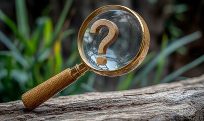 Magnifying glass and question mark, symbolizing research, information search, and education. A focus on investigation, knowledge discovery, and learning in a creative environment, Generative AI