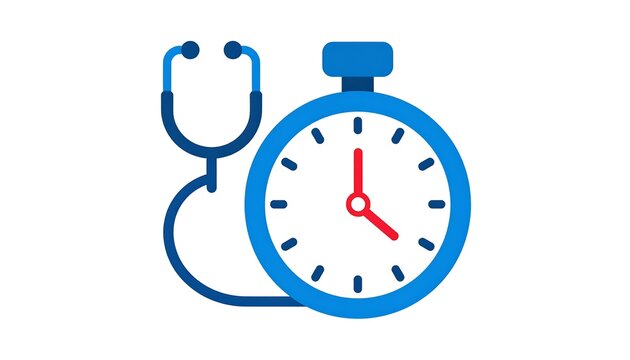 Blue stethoscope and stopwatch icons. Illustration with red hour hand on white. Vector style, clean design