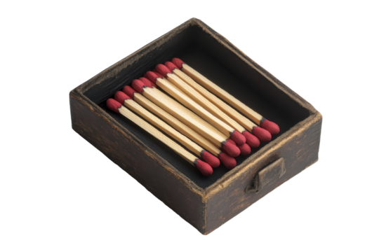 Box of matches with red tips isolated on transparent background. Open matchbox with matches isolated on white background.