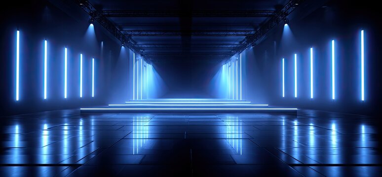 Futuristic dark tunnel with glowing blue neon lights, stage, and reflective floor