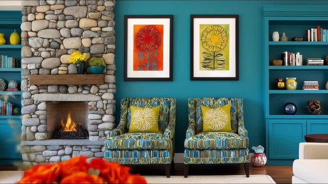 This inviting living room scene offers a fireplace nestled in a stone wall, flanked by colorful bookshelves, plus chairs and wall art that create a harmonious interior.