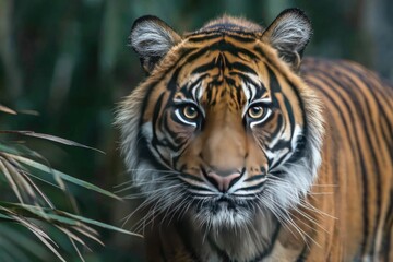 Fototapeta premium Close-up portrait of a majestic tiger with piercing eyes, framed by dark foliage
