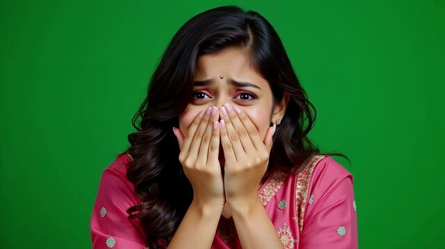 Shocked Indian woman reacting to surprising news, eyes wide with disbelief and hands covering mouth in 4k video footage against green screen