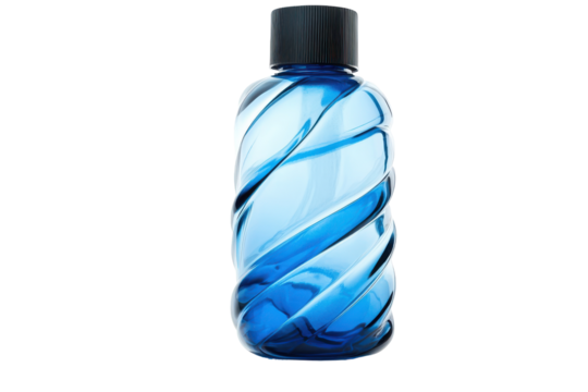 Blue glass bottle with swirling pattern isolated on transparent background. Plastic bottle isolated on white background.