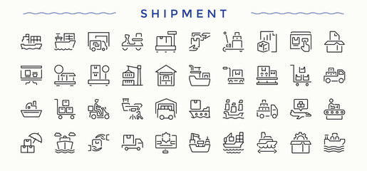 Shipment icon set. Contains such icons as courier, logistic, car, ship, delivery, parcel and more. Shipment icon set. Vector outline icons collection. Editable stroke. Vector collection.