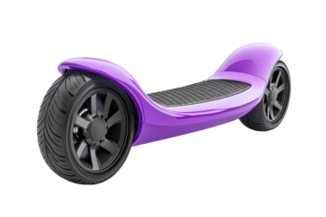 Shiny purple hoverboard isolated on transparent background. Close up of dual wheel self balancing electric skateboard isolated on white background, 3d rendering.