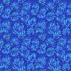 Seamless vector pattern with abstract blue floral shapes on a deep navy background. Decorative and modern design perfect for textiles, wallpapers, stationery, fashion prints