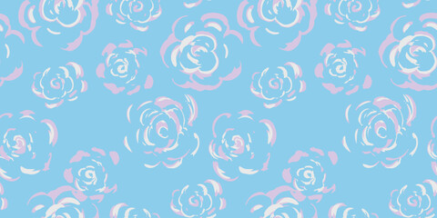 Seamless vector pattern with sketchy roses on vivid blue background. Artistic floral design for fabric, kids apparel, wrapping paper, romantic themed projects
