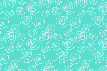 Seamless vector pattern with sketchy roses on turquoise, teal background. Bold, artistic floral design for fabric, wallpaper, fashion prints, packaging