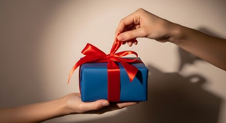 Two Hands Interacting: Giving and Receiving a Blue Gift Box with Bright Red Ribbon Under Dramatic Spotlight, High Contrast Surprise