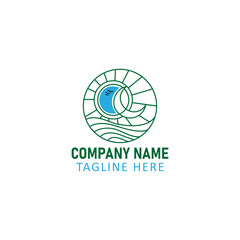 Fototapeta premium Minimalist Tropical Beach Sunset Logo with Palm Tree and Waves