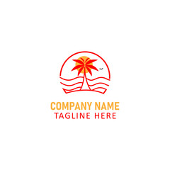 Minimalist Tropical Beach Sunset Logo with Palm Tree and Waves