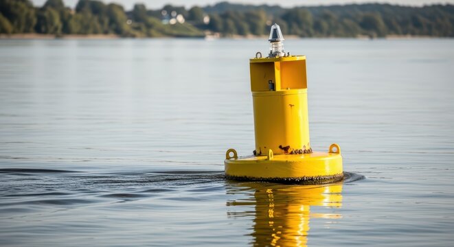 Yellow buoy floating on tranquil waters in sunny landscape - Powered by Adobe