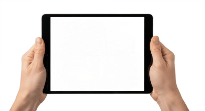 adult man hands holding generic tablet pc with white screen, isolated on white,,Hand holding a tablet computer with white screen. Woman hands showing empty screen of modern digital tablet.