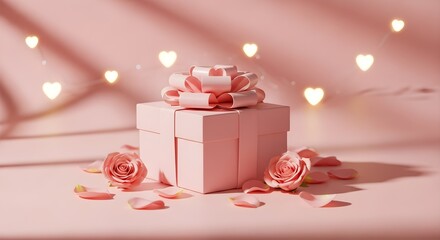Soft Pink Gift Box with Ribbon and Roses Under Natural Sunlight Shadow Overlay, Romantic Minimalist Background for Valentine's or Mother's Day