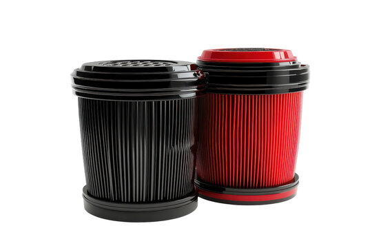Cylindrical air filters and a red filter isolated on transparent background. Red and black automobile oil filter isolated on white background, 3d rendering.